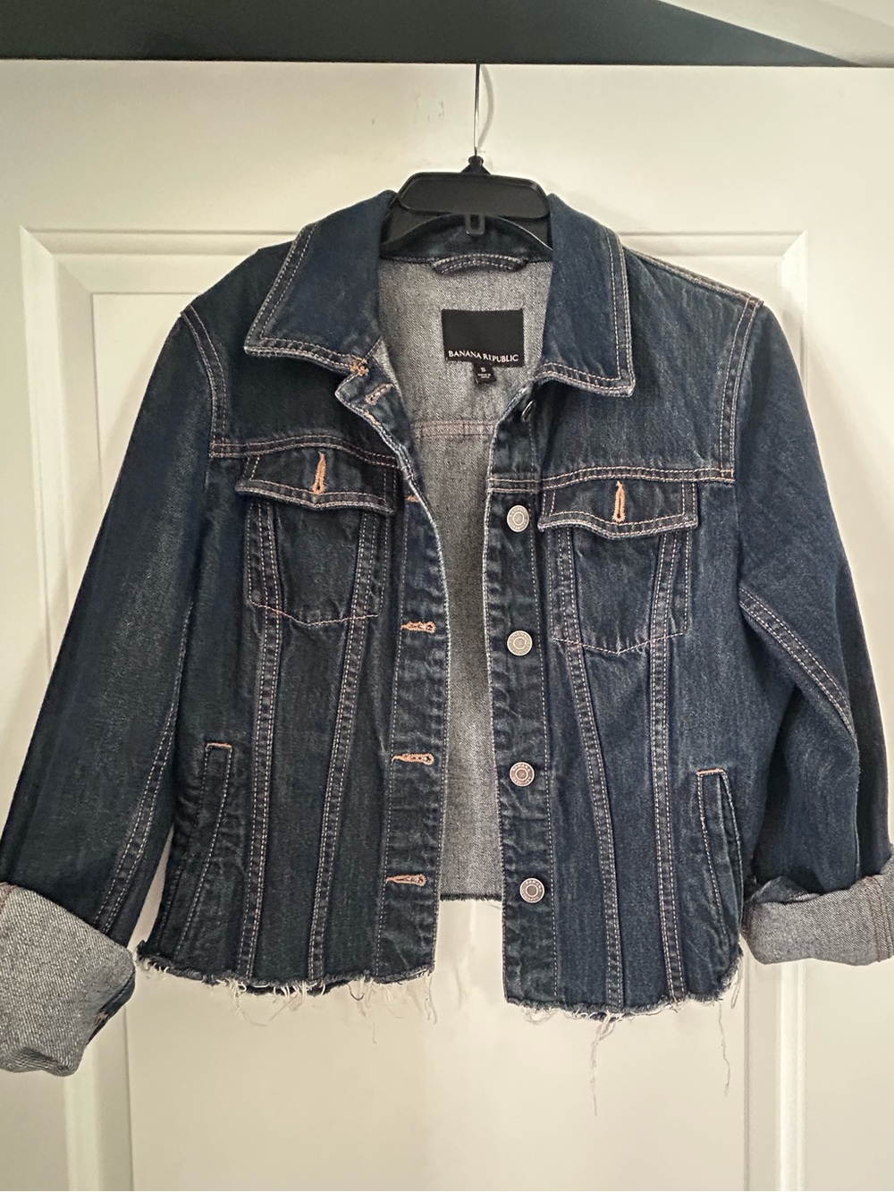 Caslon Dark Blue Distressed Crop Jean Jacket